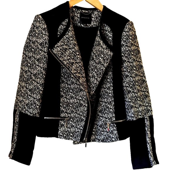 Dynamite Moto Jacket Women's Asymmetrical Crop Zip Sleeve Black & White … - Picture 1 of 10